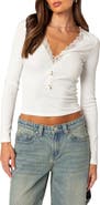 EDIKTED Madeline Lace Trim Rib Long Sleeve Top