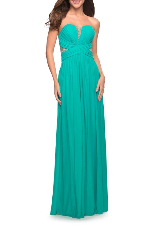 La Femme Net Jersey Dress With Gathered Bodice And V Neckline
