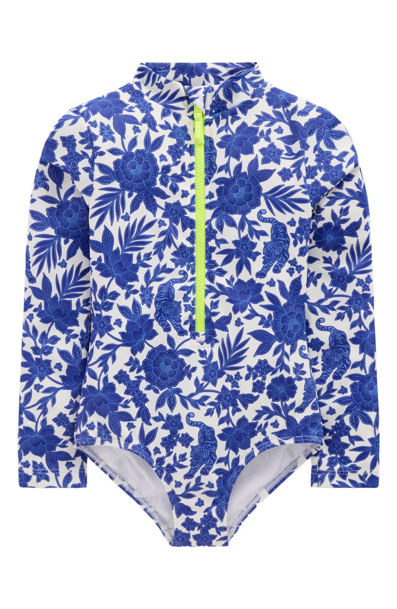 Mini Boden Kids' Long Sleeve One-Piece Rashguard Swimsuit, Main, color, Surf The Web Jungle Woodblock