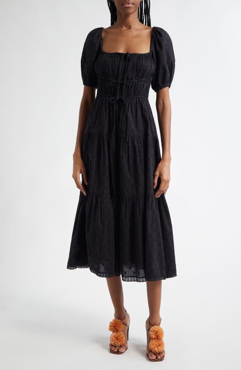 Ulla Johnson Palma Tiered Cotton Eylelet Dress, Main, color, Noir