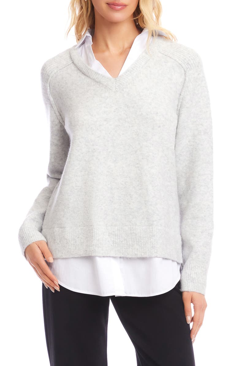 Karen Kane Mixed Media Layered Sweater, Main, color, Light Heather Gray