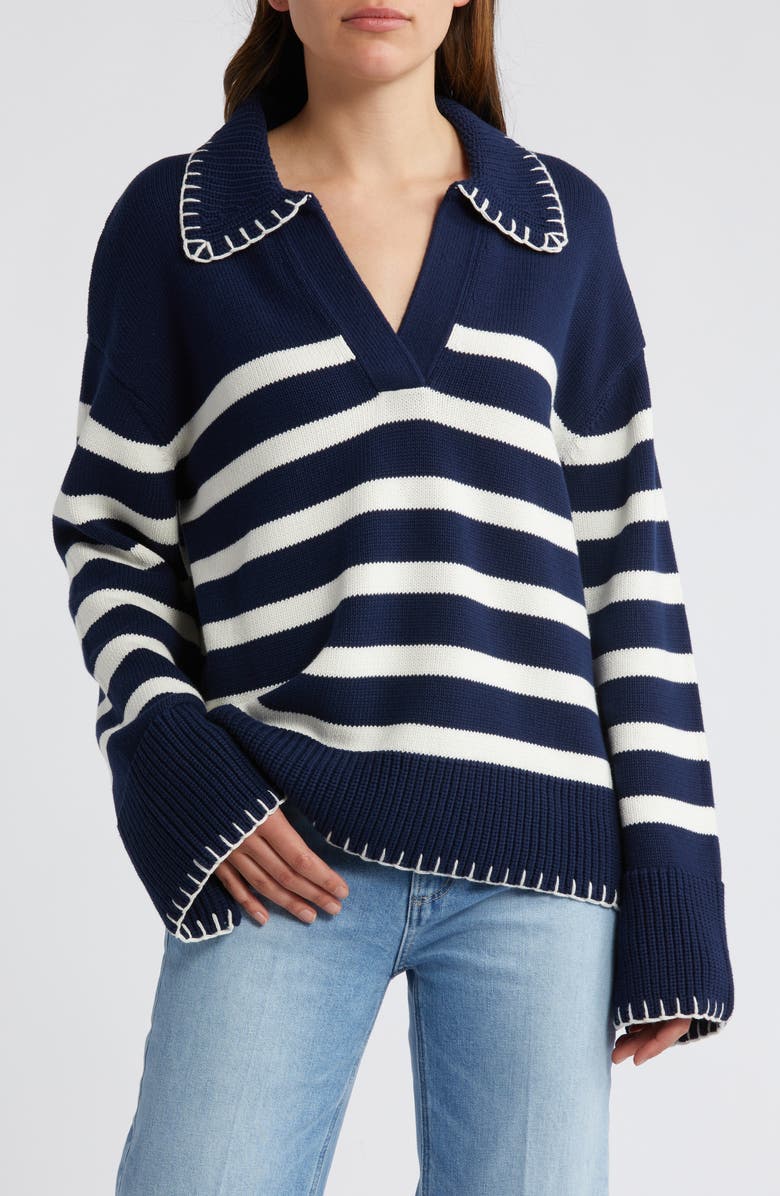 Rails Athena Stripe Cotton Johnny Collar Polo Sweater, Main, color, Navy Ivory Stripe