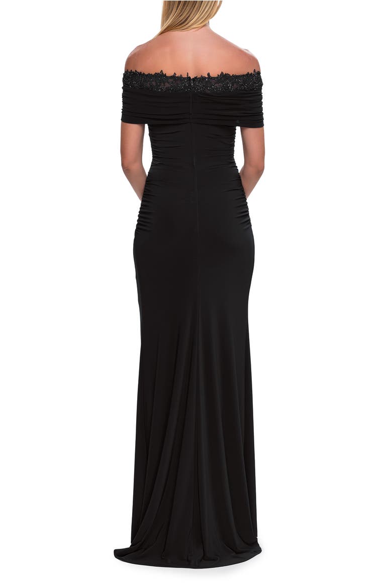 Off the Shoulder Lace Trim Evening Gown, Alternate, color, Black