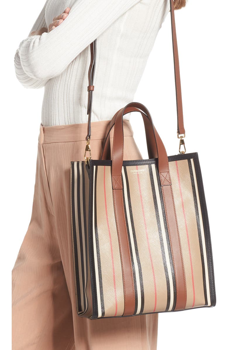 Burberry Small Icon Portrait Stripe E-Canvas Tote Bag, Alternate, color,