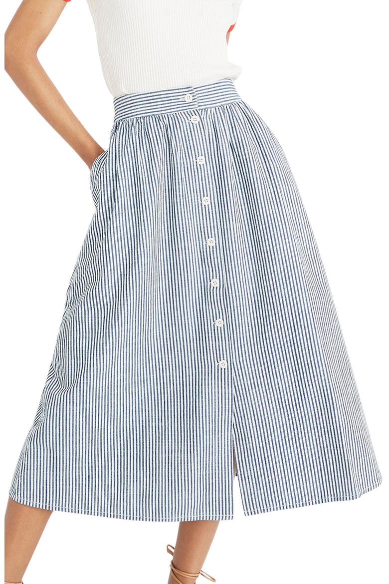 Palisade Chambray Stripe Button Front Midi Skirt, Main, color, CHAMBRAY STRIPE
