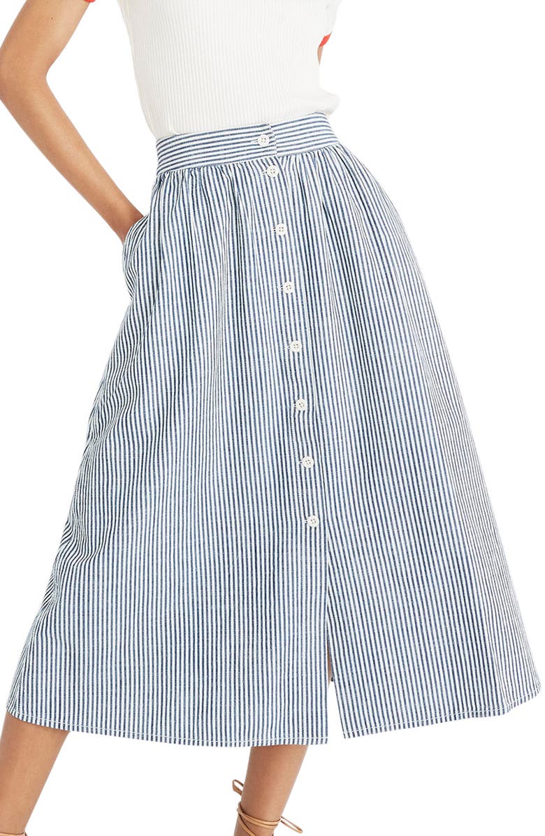 Madewell Palisade Chambray Stripe Button Front Midi Skirt, Main, color, 