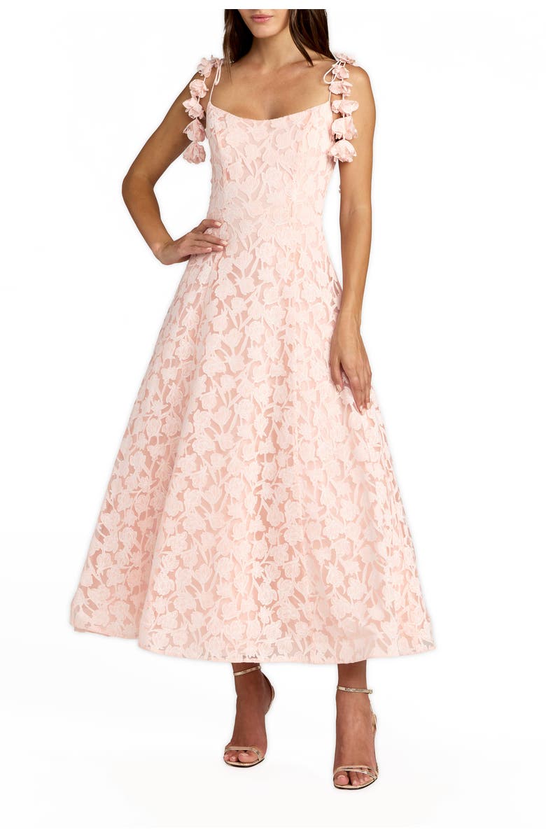 Mac Duggal Floral Net Tie Strap Scoop Neck A Line Midi Dress, Main, color, Blossom Pink