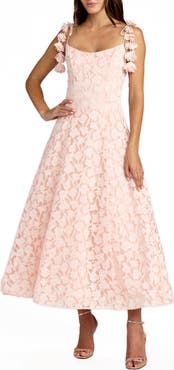 Mac Duggal Floral Net Tie Strap Scoop Neck A Line Midi Dress