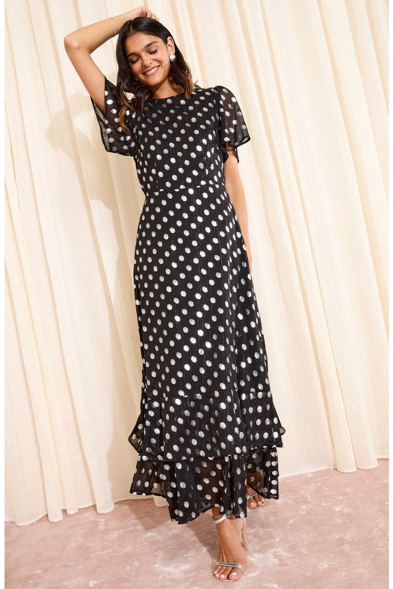 Foil Polka Dot Chiffon Maxi Cocktail Dress, Alternate, color, BLACK