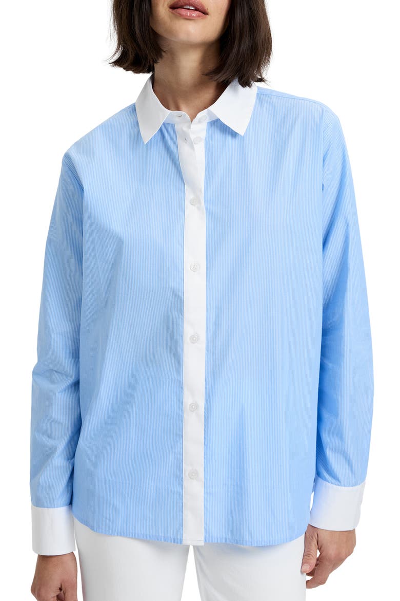 Ticking Stripe Cotton Poplin Button-Up Shirt, Main, color, BLUE HYDRANGEA SUMMER