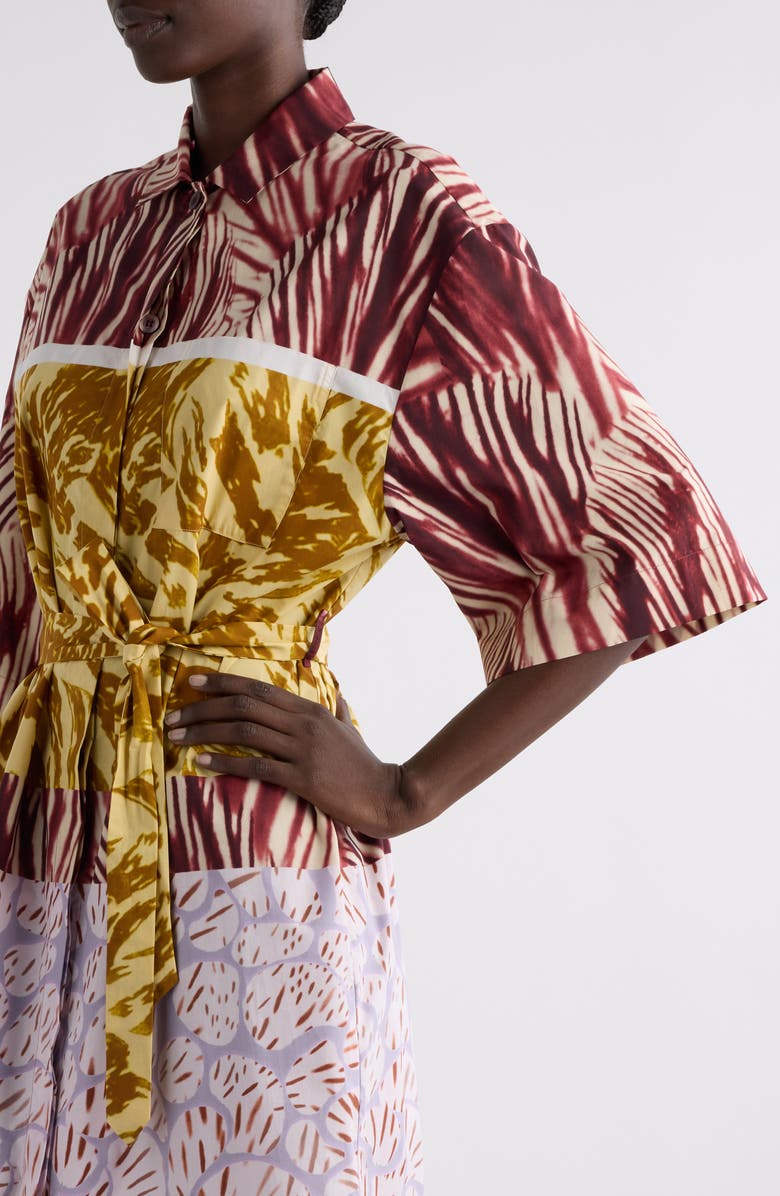 Dries Van Noten Doralia Mixed Print Belted Shirtdress, Alternate, color, Burgundy