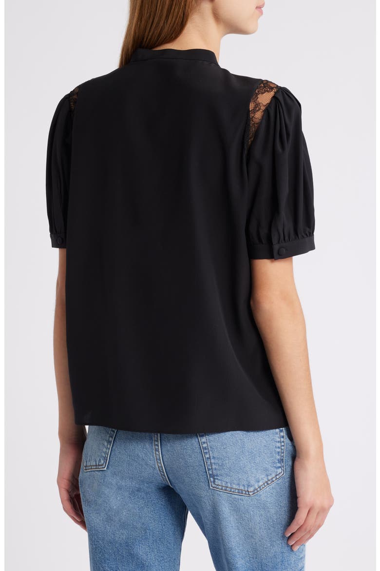 Lace Inset Silk Button-Up Shirt, Alternate, color, BLACK