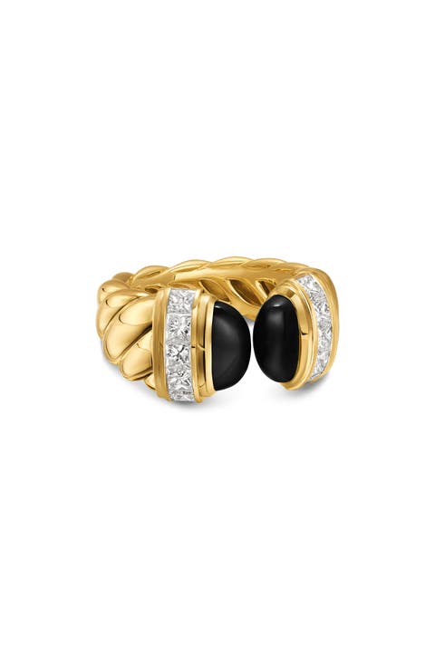Sculpted Cable Open Cocktail Ring in 18K Yellow Gold with Black Onyx & Diamonds, 12.4mm