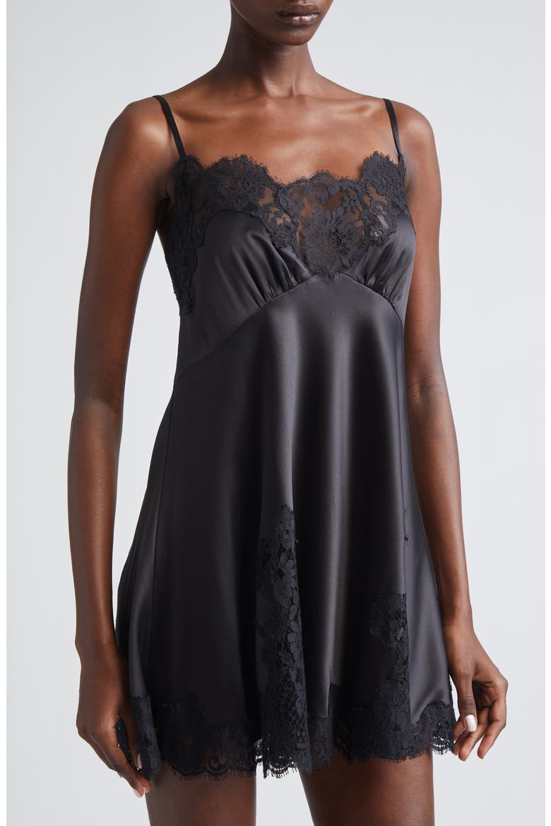Lace Trim Stretch Satin Minidress, Alternate, color, NERO