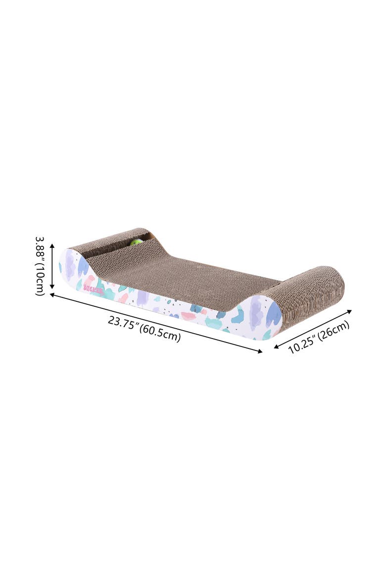 Rini Modern Cardboard Lounge Bed Cat Scratcher with Built-In Bell Toys and Catnip, Alternate, color, White/Multi