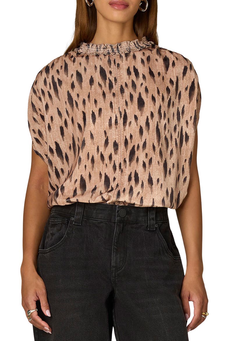 Ruffle Neck Dolman Top, Main, color, CARAMEL LATTE/ CHARCOAL MULTI