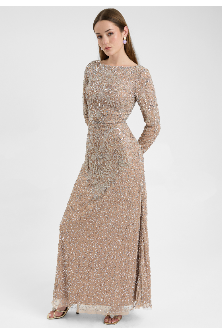 Modest Embellished Sequin Beaded Dress Maxi With Detailed Design, Alternate, color, TAUPE BLUSH