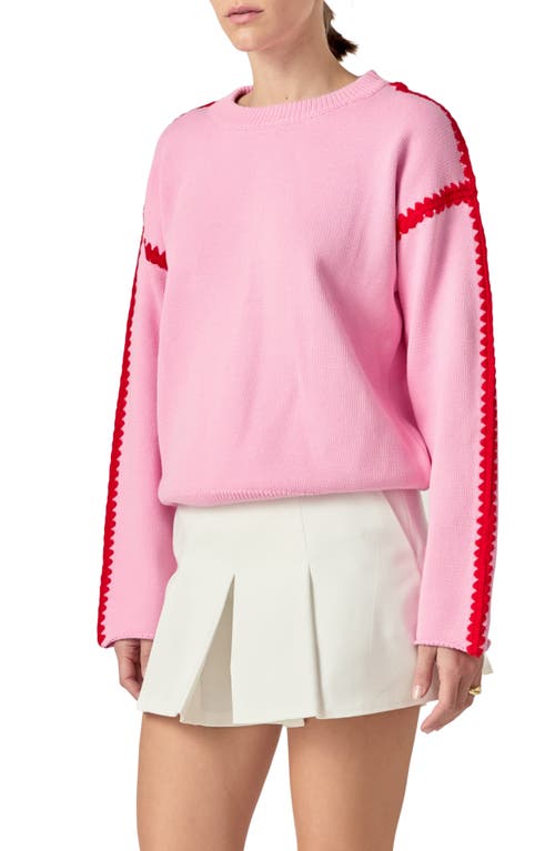 English Factory Stitch Detail Relaxed Fit Cotton Sweater In Pink