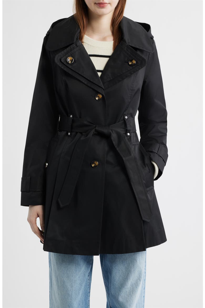 Double Breasted Hooded Trench Coat, Main, color, BLACK
