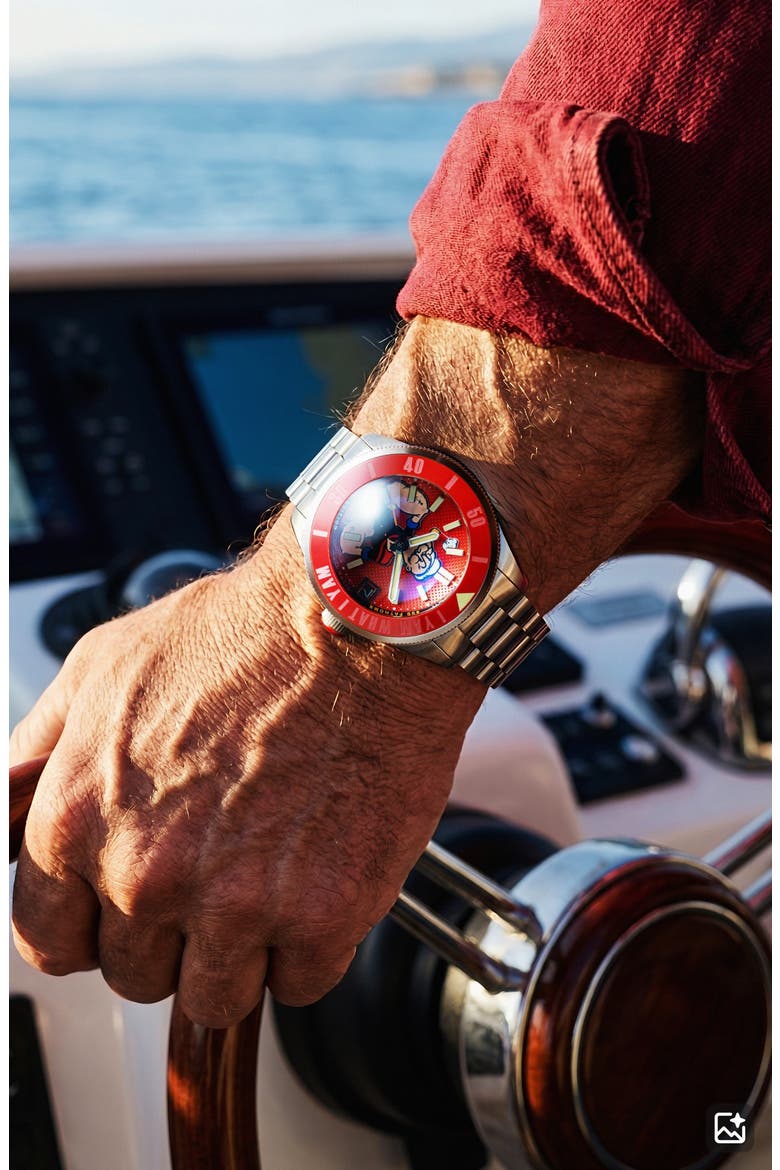 x Popeye Forearm Fury Piccard Automatic Bracelet Watch, 45mm, Alternate, color, RED