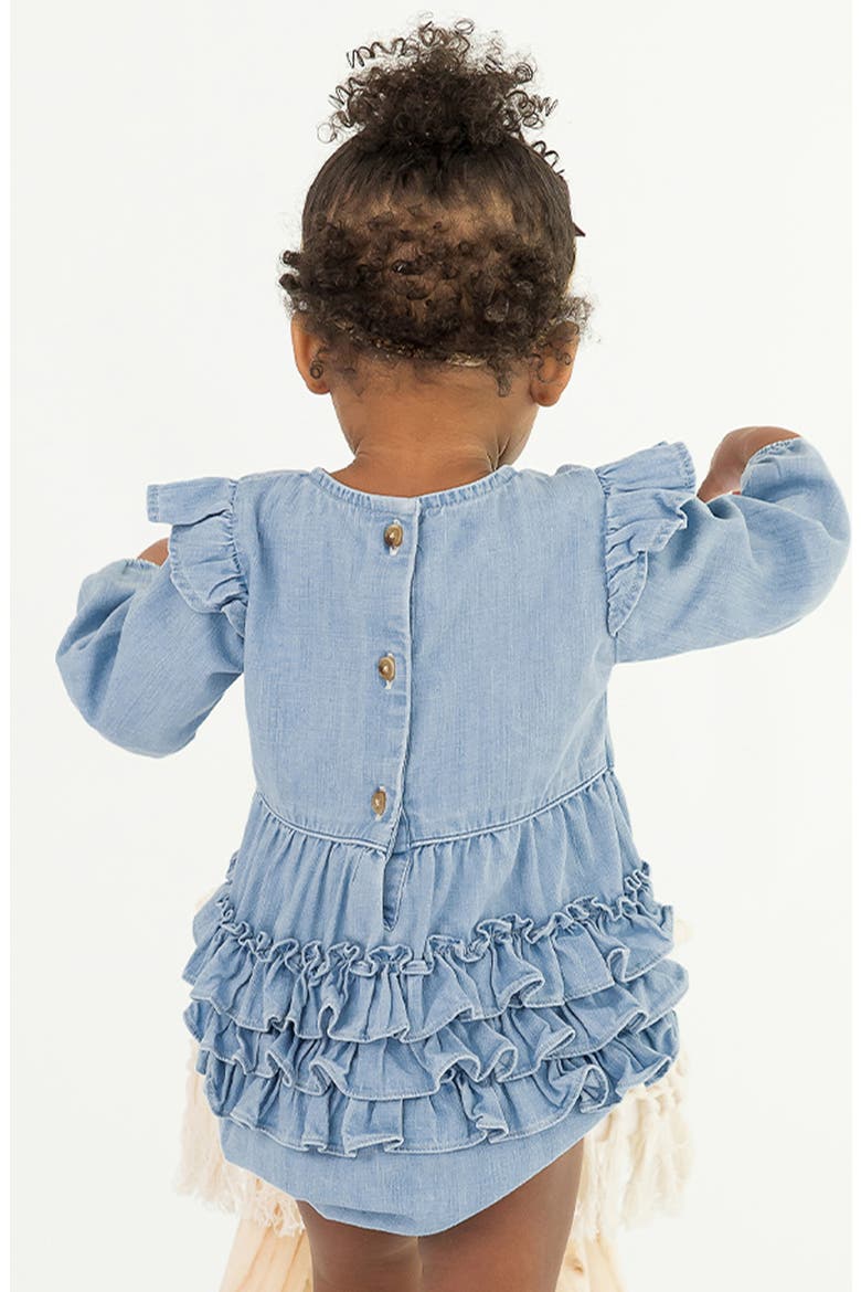 Ruffle Denim Bubble Romper & Tights Set, Alternate, color, LIGHT WASH DENIM