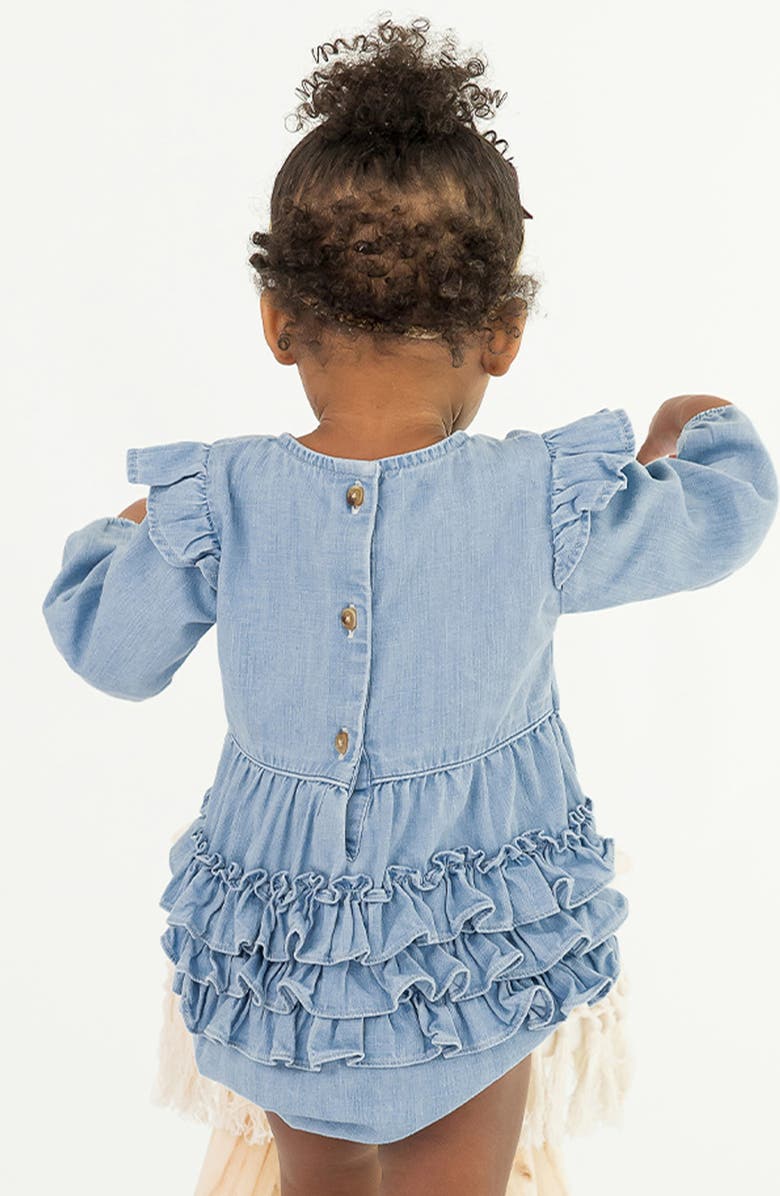 RuffleButts Ruffle Denim Bubble Romper & Tights Set, Alternate, color, Light Wash Denim