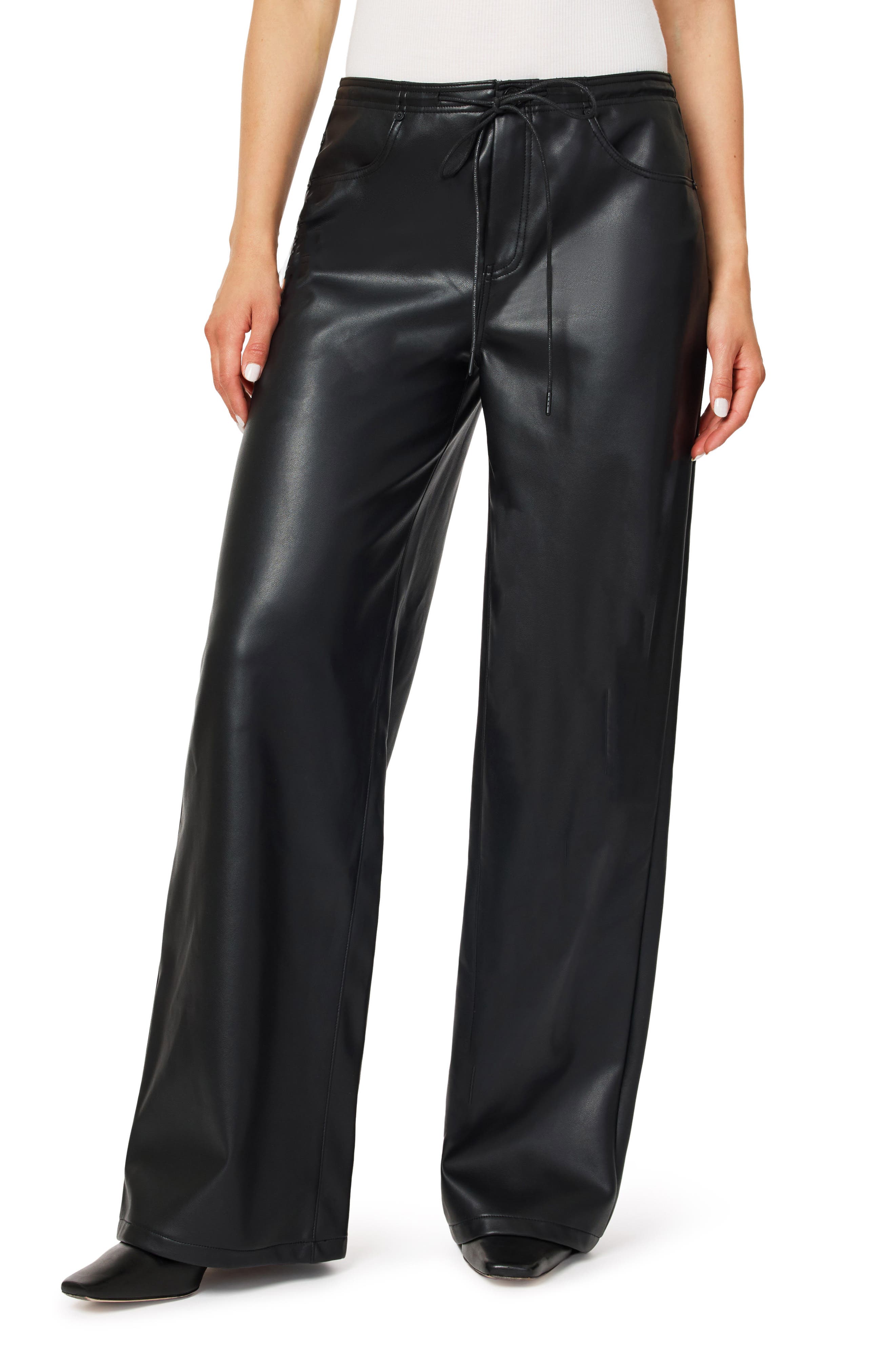 Drawstring Faux Leather Wide Leg Pants