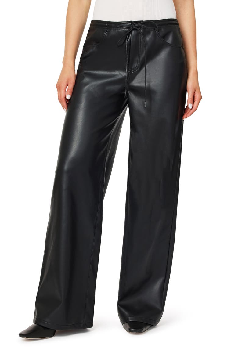 Drawstring Faux Leather Wide Leg Pants, Main, color, JET BLACK