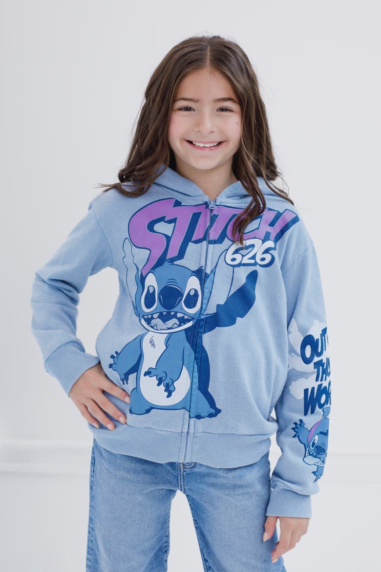 Lilo & Stitch Fleece Zip-Up Hoodie, Alternate, color, Acid Wash Blue Stitch