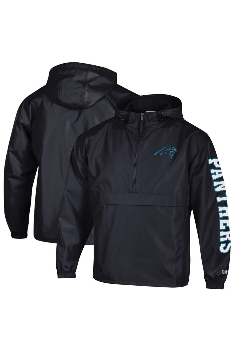 Men's Champion Black Carolina Panthers Packable Hooded Windbreaker Half-Zip Jacket, Main, color, Black