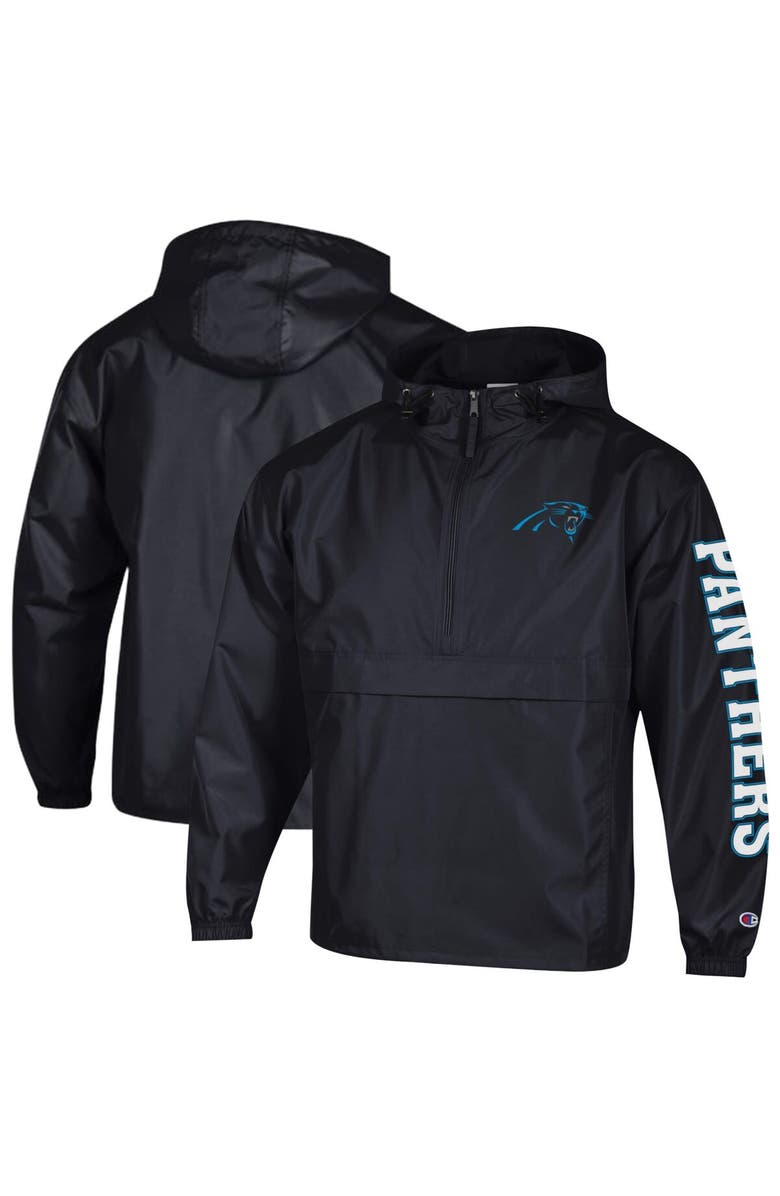Champion Men's Champion Black Carolina Panthers Packable Hooded Windbreaker Half-Zip Jacket, Main, color,