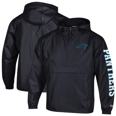 Men's Champion Black Carolina Panthers Packable Hooded Windbreaker Half-Zip Jacket