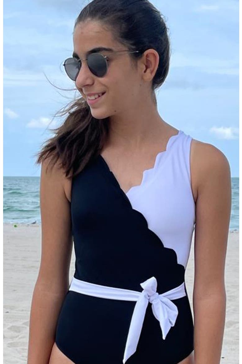 Scalloped Wrap with Waist Bow One-Piece Swimsuit, Alternate, color, Black-White