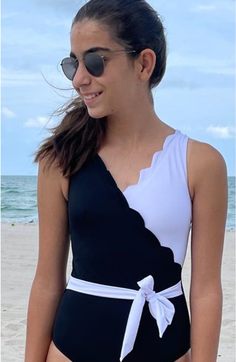 NESSI BYRD Scalloped Wrap with Waist Bow One-Piece Swimsuit, Alternate, color, Black-White