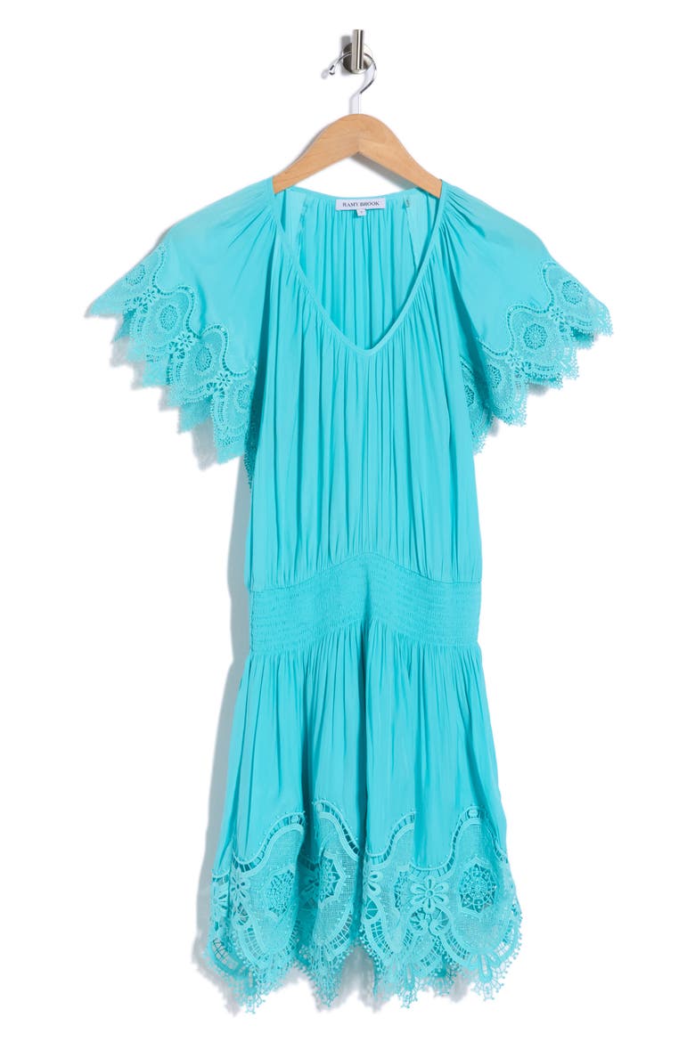 Arielle Lace Trim Short Sleeve Dress, Alternate, color, AQUA