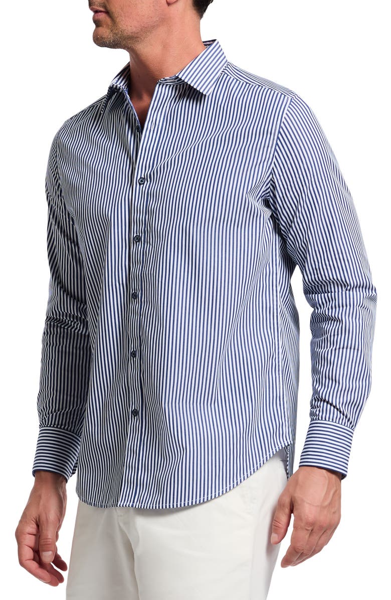 Robert Graham Greenwich Stripe Stretch Button-Up Shirt, Alternate, color, Navy