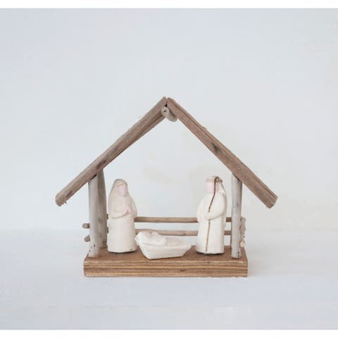 Recycled Handmade Driftwood and Paper Mache Nativity with Wood Base, Multicolor