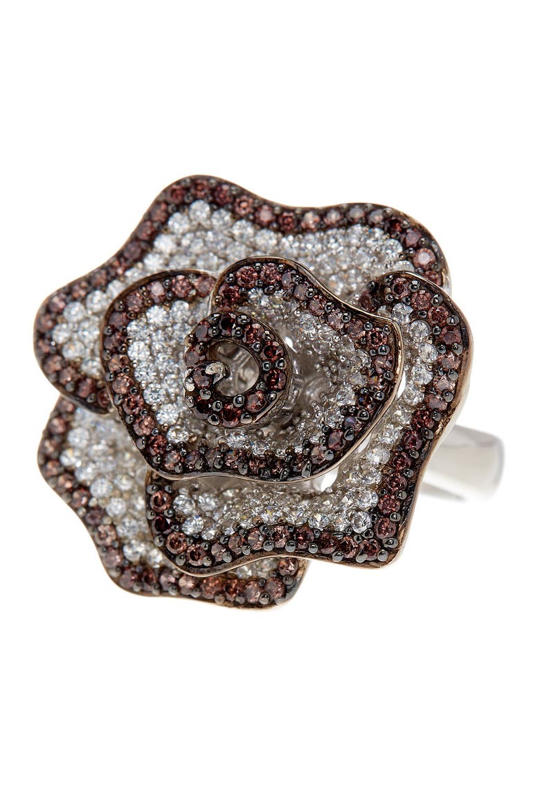 Sterling Silver Pavé Cubic Zirconia Flower Ring, Main, color, BROWN