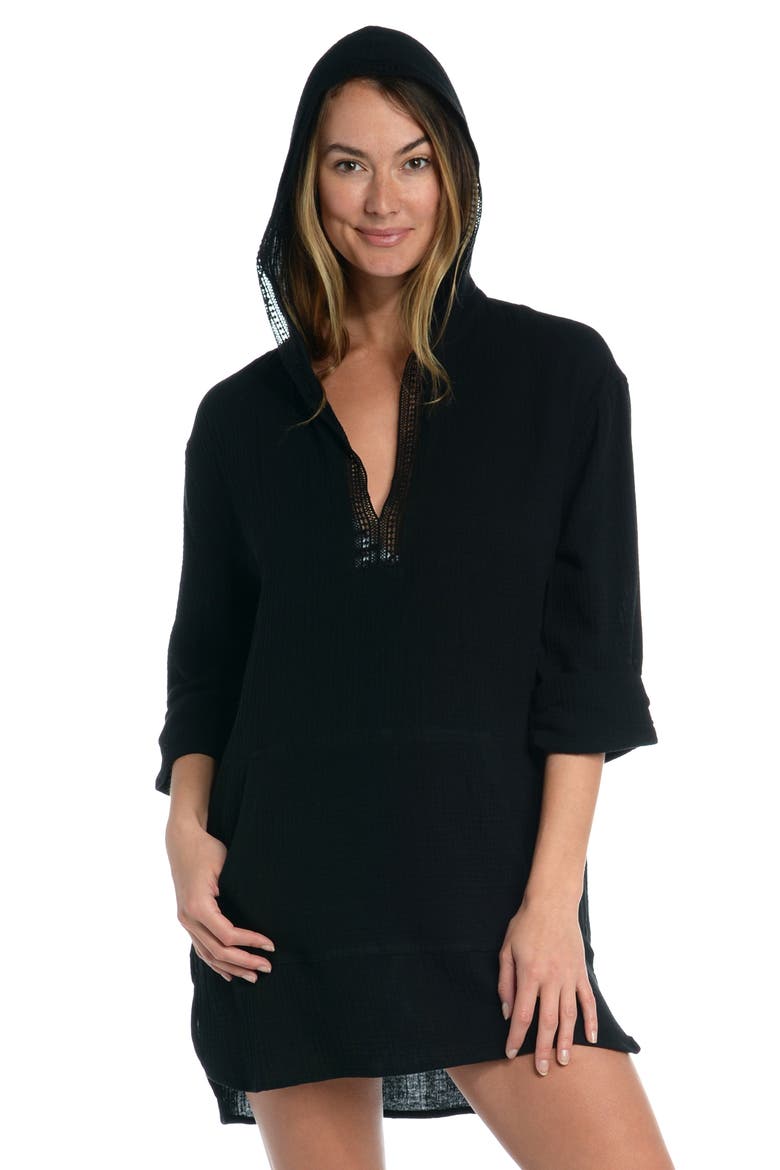 Hooded Cotton Gauze Cover-Up Tunic, Alternate, color, BLACK