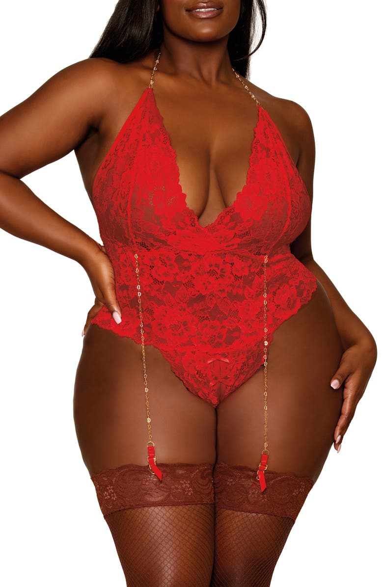 Dreamgirl Lace Teddy with Heart Chain Garter Straps, Main, color,