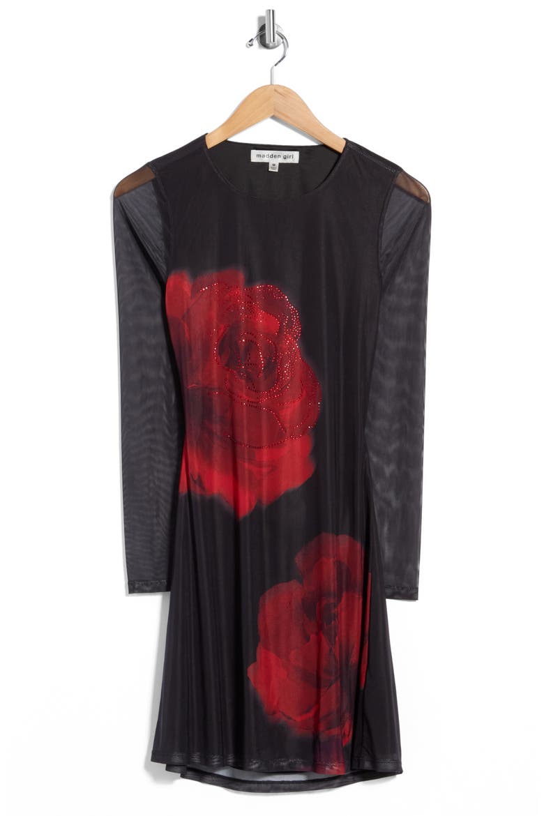 Rhinestone Floral Print Mesh A-Line Minidress, Main, color, BLACK COMBO