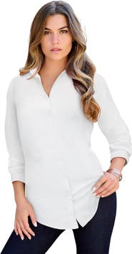 Roaman's Kate Long Sleeve Crisp Cotton Blend Button Front Tunic