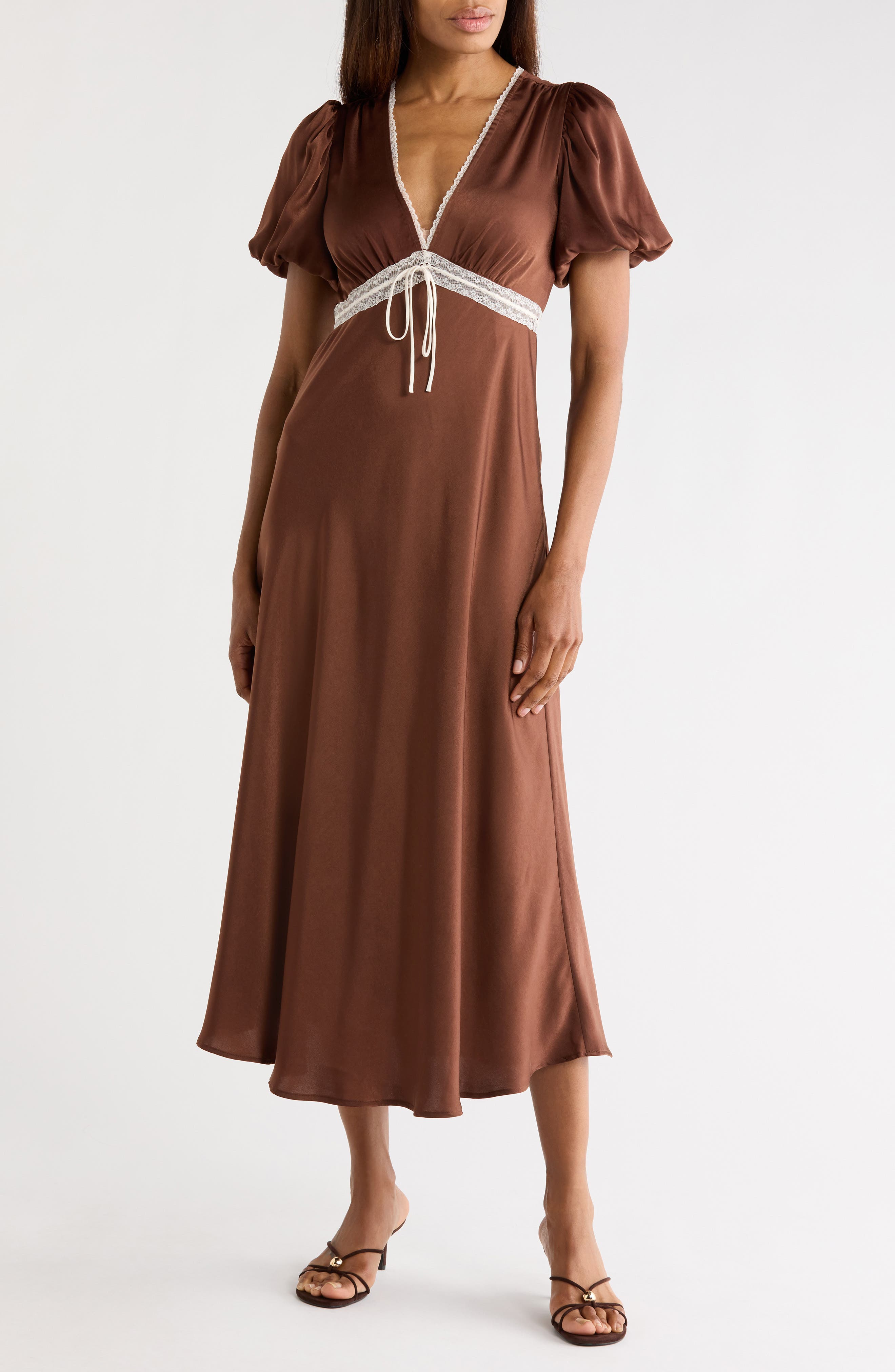 WAYF Lace Trim Puff Sleeve Midi Dress