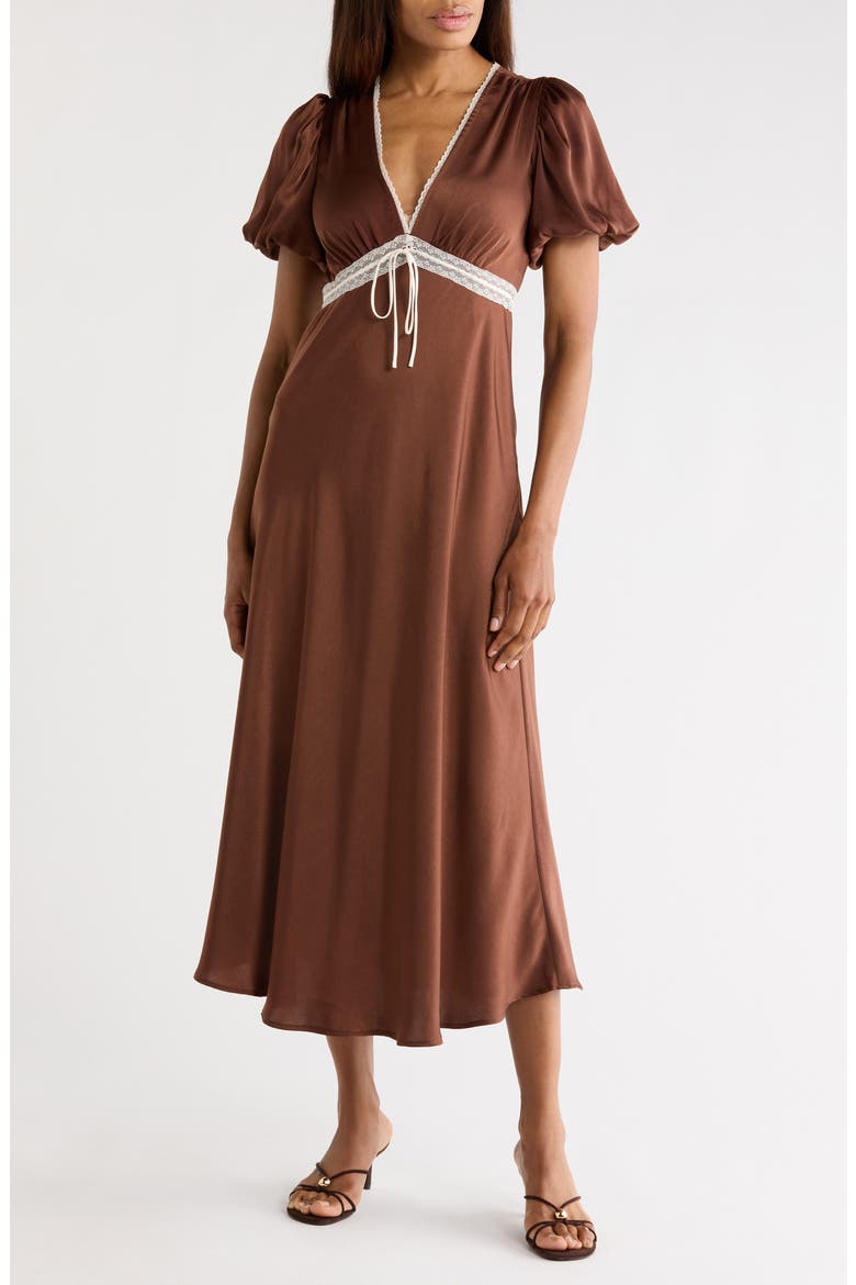 Lace Trim Puff Sleeve Midi Dress, Main, color, BROWN