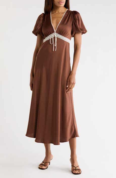 WAYF Lace Trim Puff Sleeve Midi Dress