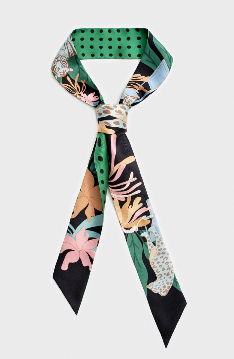 Jessie Zhao New York Silk Skinny Scarf Night Jungle Gathering, Main, color, Green