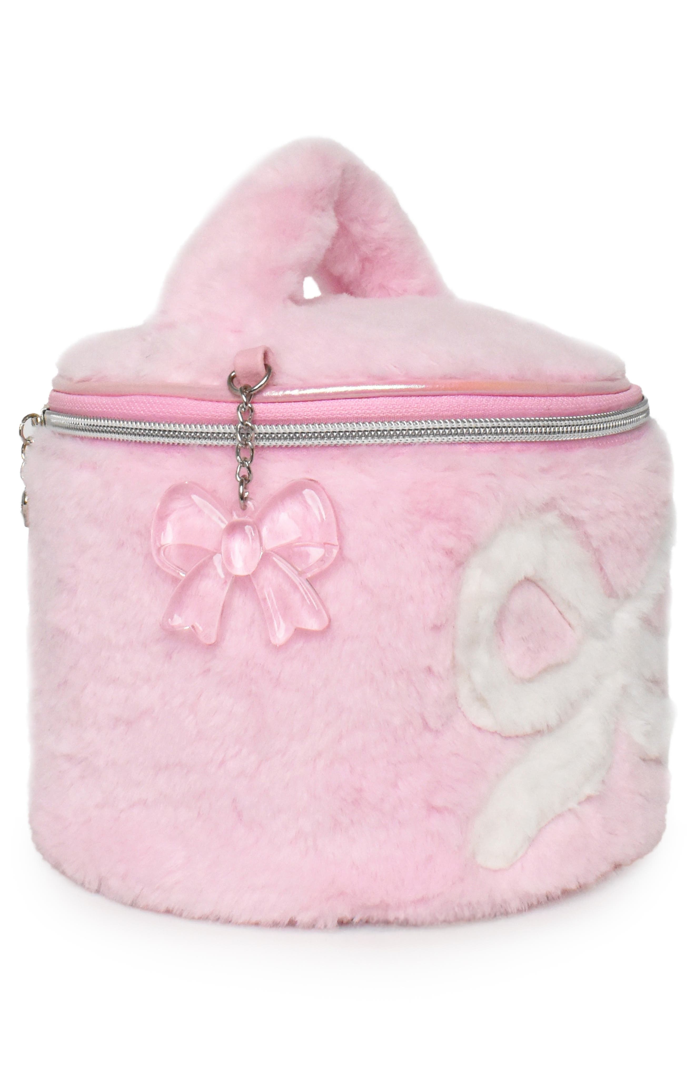 Kids' Bow Faux Fur Round Train Case, Alternate, color, COTTON CANDY