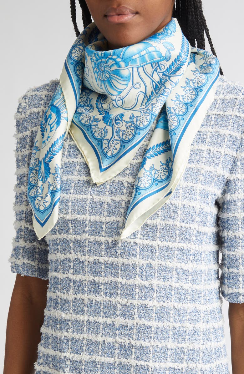 Versace Underwater Barocco Silk Square Scarf, Alternate, color, Eggshell Bright Blue