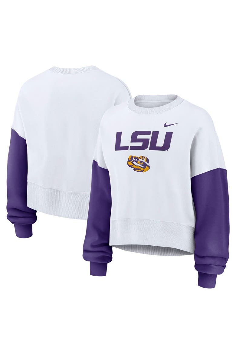 Women's Nike White LSU Tigers Color-Block Oversized Cropped Pullover Sweatshirt, Main, color, White