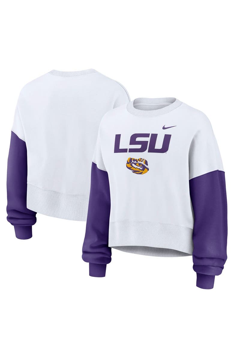 Nike Women's Nike White LSU Tigers Color-Block Oversized Cropped Pullover Sweatshirt, Main, color, White